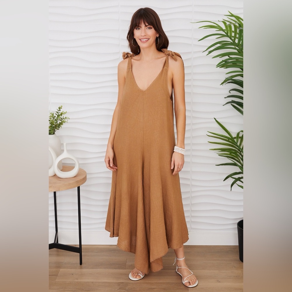 (9879/255108-SOL-CML) TIE SHOULDER V-NECK LINEN JUMPSUIT